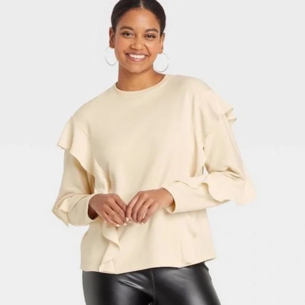 A New Day-Ruffle Sweatshirt Medium Ivory